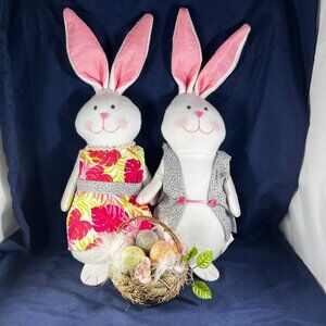 Easter Bunny Plush Decoration Pair With Glitter Egg Basket - Spring Décor